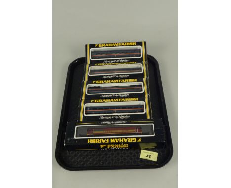 Four boxed Graham Farish for Bachmann 'N' gauge coaches plus a Class 56 E.W.S. engine