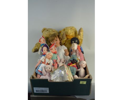 Two vintage Teddy bears plus a variety of dolls, varying sizes with three small bisque examples