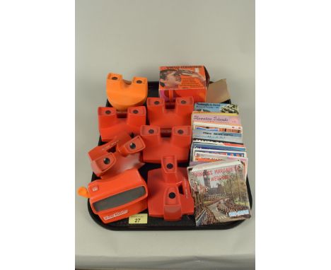 Eight vintage Viewmaster handsets 3D, made in Belgium and USA including two GAF examples, one boxed, one in 70's orange plus 