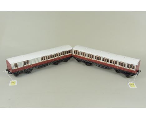 A pair of Ace Trains 'O' gauge Caledonian coaches, approx 38cm long (mild play wear, one with paint loss to edge of roof)