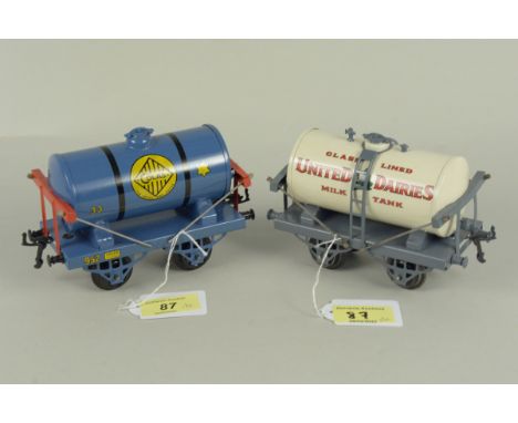 A vintage Hornby Series 'United Dairies' milk tanker plus a Hornby 'Colas' tanker