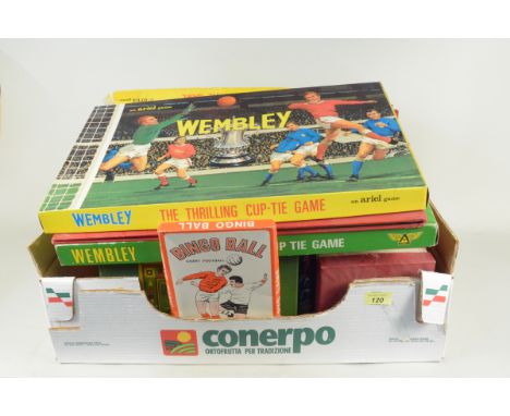 A selection of vintage boxed football games including four large 'Ariel' Wembley, two Pepys Series five-a-side, two Subbuteo 