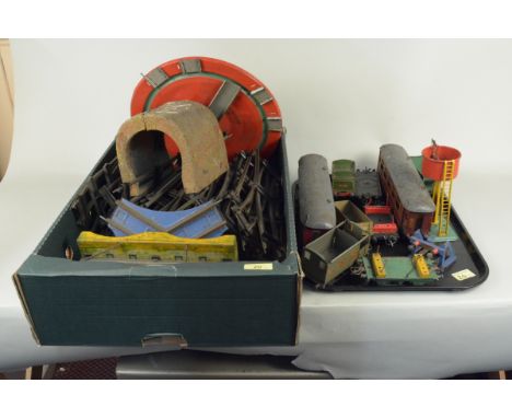 A box of mixed Hornby Series Meccano Limited train track with turntable and a selection of vintage Hornby carriages, tenders 