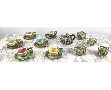 MAJOLICA MID CENTURY TEA SERVICE, comprising six conchshell tea cups and saucers with coloured interior glaze a teapot two cr