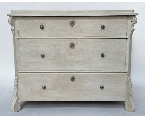COMMODE, 19th century French Napoleon III traditionally grey painted with three long drawers, 106cm W x 86cm H x 53cm D. 