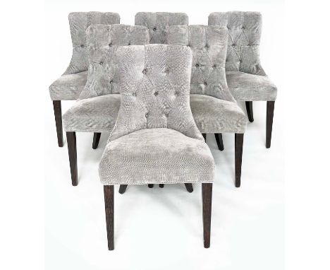 DINING CHAIRS, a set of six, bespoke made, with button back grey woven upholstery and square tapering supports (matching lot 