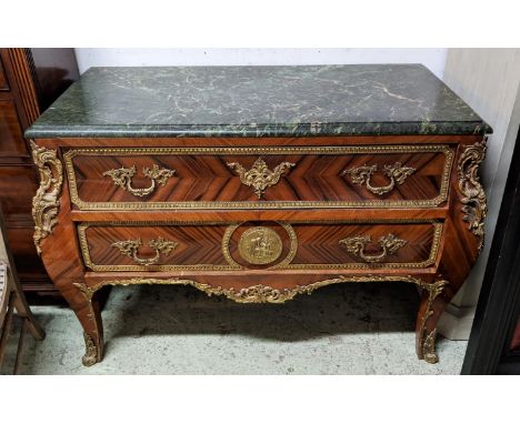 COMMODE, 118cm W x 56cm D x 86cm H, reproduction in the  French taste, with a green marble top, over two drawers with elabora