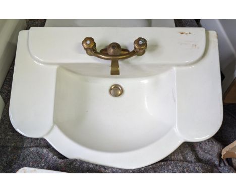 BASIN, 82cm x 54cm, in a scalloped design with taps porcelain on column stand. 