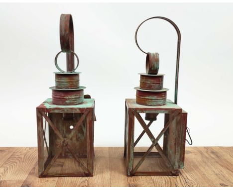 LANTERN LIGHTS, 46cm high, 15cm wide, 17cm deep, a pair, brass with verdigris finish. (2) 