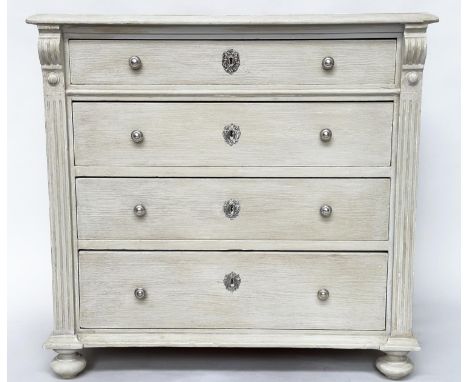 SWEDISH COMMODE, 90cm H x 94cm W x 52cm D, 19th century Gustavian traditionally grey painted with four long drawers and flute