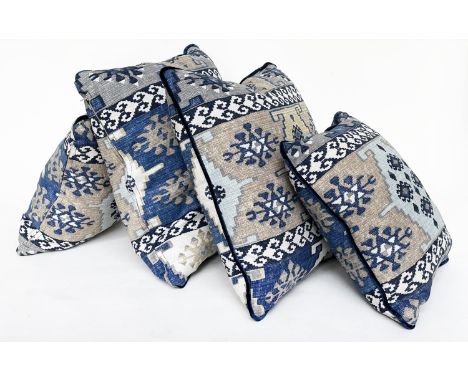 CUSHIONS, four scatter cushions in blue geometric print. (4) 