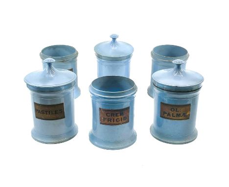 A set of six 19th century apothecary pottery jars with three covers. Stamped C Johns 157 Drury Lane 2qtr five with painted pa