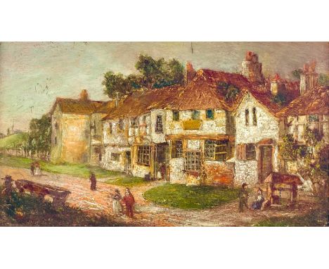 English School Village scene with figures by a wellOil on panel18.5cm x 10.5cm.
