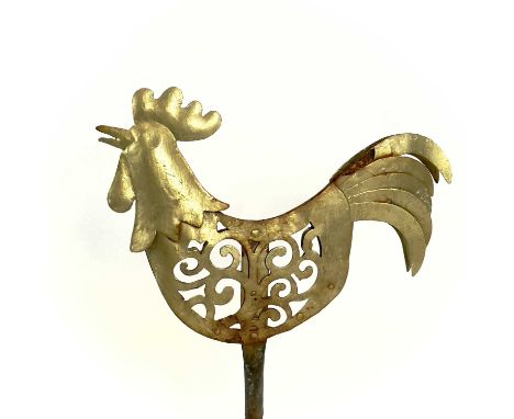 A Victorian folk art wrought iron cockerel weather vane. With pierced decoration and later gilded finish, maximum height 47cm
