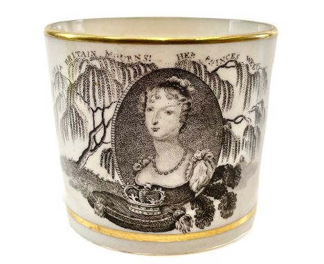A Queen Charlotte Memorium small porcelain mug. Printed with a portrait of the Queen below the phrase 'Great Britain Mourns H