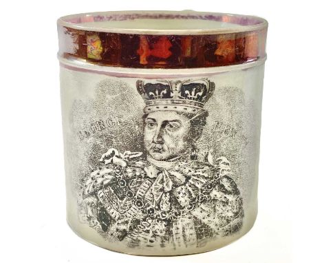 A George IV pearlware coronation mug. With a black and white printed portrait below a copper lustre band, height 8.5cm.No chi