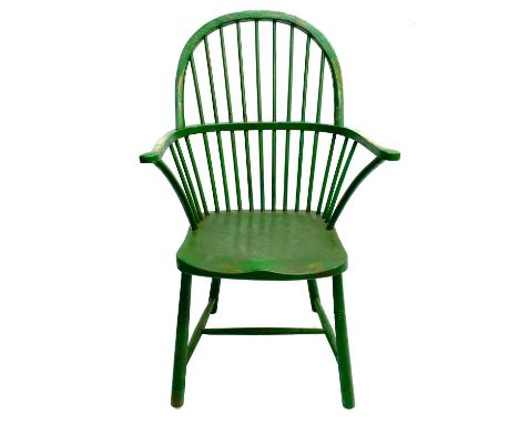 A West country green painted stick back Windsor armchair. 20th century, with solid seat on turned legs, height 99cm, width 63