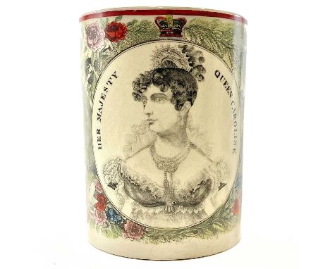 A Queen Caroline creamware commemorative mug. The printed portrait titled 'Her Majesty Queen Caroline' within a hand coloured