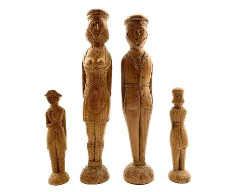 A pair of pitch pine folk art peg figures of a French sailor and a lady. Late 19th century, the cap inscribed 'Chateau Bruint