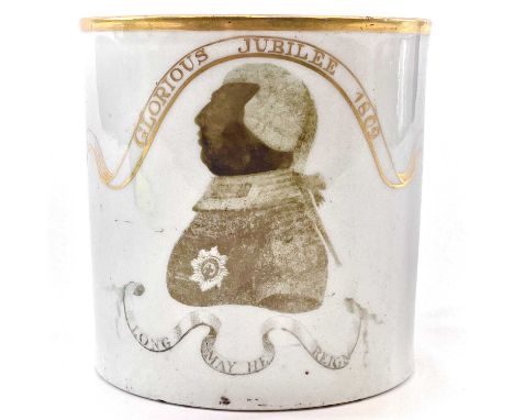 A George III 1809 golden jubilee porcelain mug. Probably Worcester Barr, Flight and Barr, painted in black with a profile por