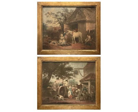 After George Morland. A pair of 19th century mezzotints, figures outside The Bell inn and figures beside a stable, each 44X54