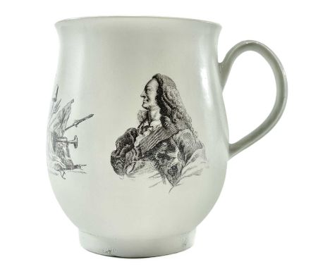 A Worcester porcelain George II coronation mug. Circa1760, the baluster body printed in black by Robert Hancock with a portra