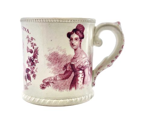 A rare Read &amp; Clementson Victoria Coronation mug. Printed in puce with a double portrait, printed mark to base, height 7.