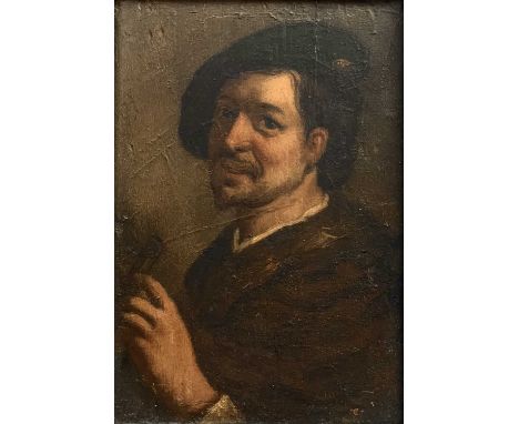 Flemish School, 19th century. Portrait of a gent holding a pipe.Oil on oak board, 17.5X12cm, in a gilt slip and ebonised fram