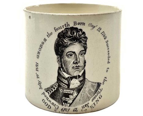 A George IV creamware coronation mug. Printed in black with a portrait and inscription and dated July 19th 1821, height 7.5cm