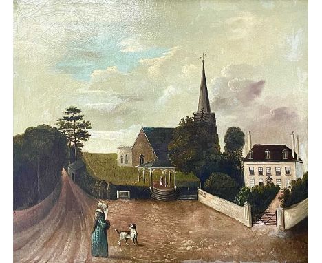 Naive School, 19th century. Two figures and a dog before a church and a manor house, oil on canvas, 59X65cm, in a stained pin