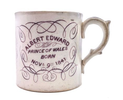 An Albert Edward and Princess Alexandra of Denmark commemorative marriage mug. Printed in purple with a double portrait, prin