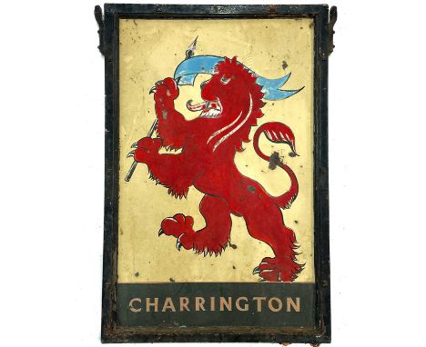 A vintage Red Lion Charrington double-sided pub sign. With wrought iron surround, height 94cm, total width 68cm.