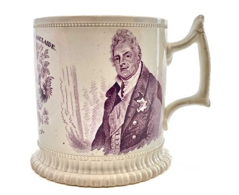 A William IV and Adelaide coronation mug. Printed in purple with a double portrait and dated 1831, height 10cm.There is a sta