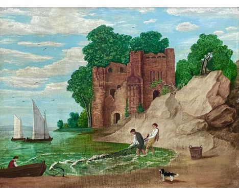 Naive school Figures hauling a net, and a dog on a beach, oil on canvas, laid down on board, 34.5X44.5cm.This oil painting is