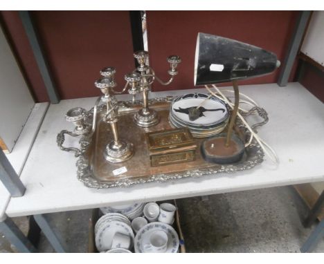 ornate metal tray, candlesticks, lamp, collectable plates