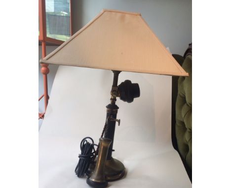 A bygone 1920s converted candlestick telephone lamp with silk shade (bought in Libertys Regent Street 1952) H48cm W35cm D35c