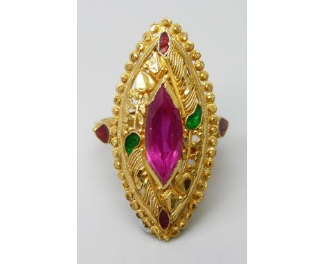 A 22ct gold ring set with enamel and a marquise ruby, marked 916, 6.6g, 3cm, M, some loss to enamel