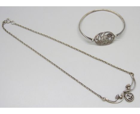 A silver Rennie Mackintosh style bangle and necklace, 16g