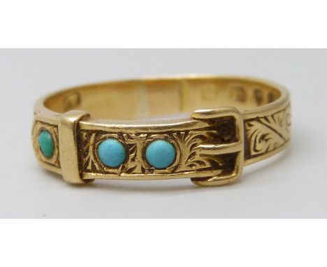 A Victorian 18ct gold buckle ring set with turquoise, re/sized, 3.9g, R