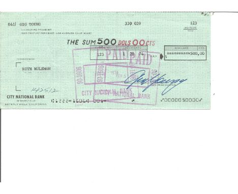 Gig Young signed cheque. November 4, 1913 - October 19, 1978) was an American actor. He won an Academy Award for Best Support