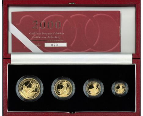 2000 Britannia Gold Proof Collection. 4 coins 22 Ct £100, 1oz, £50 1/2 oz, £25 1/4oz, £10 1/10oz. In original Red Royal Mint 