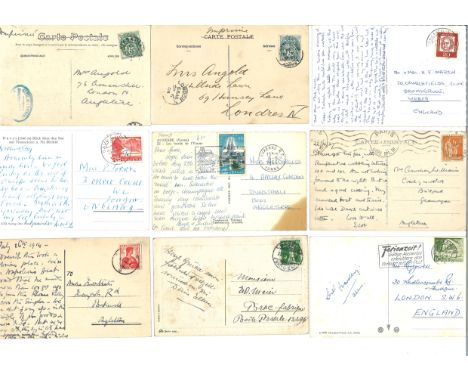 Postcard collection over 70 vintage cards all stamped with postage stamps countries include GB, Switzerland, France and Spain