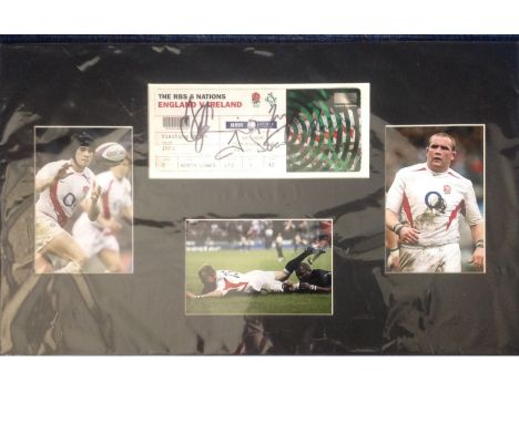 Phil Vickery, Will Greenwood and Danny Cipriani signed 6 Nations ticket, mounted with 3 unsigned photos of the players. Appro