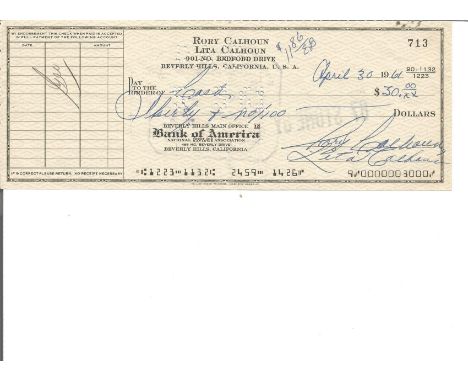 Rory Calhoun signed cheque. August 8, 1922 - April 28, 1999) was an American film and television actor, screenwriter and prod