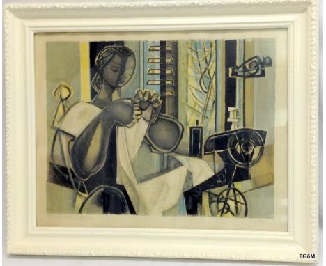 A signed limited edition abstract art print of a woman sewing 27/78 57cm x 71cm