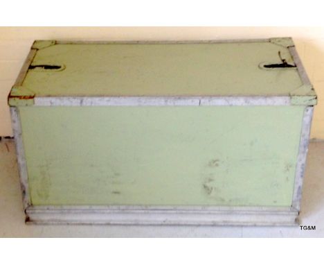 A painted pine, aluminium bound military trunk, 44 x 84 x 39cm