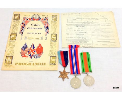 A WW2 Royal Navy Certificate of Service with his Medal trio to IE Butt and a 1946 Victory Celebrations programme