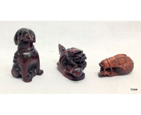 3 carved wooden netsuke