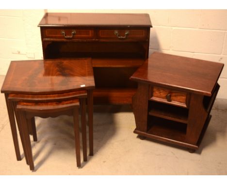 A reproduction mahogany inlaid two-drawer console table, height 72cm, a matching nest of three graduated occasional tables an