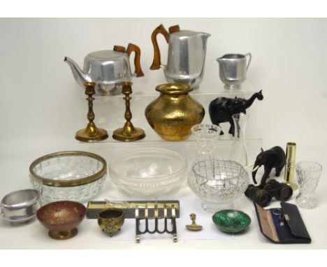 A Picquot ware four-piece cast aluminium tea service with a selection of metalware, glassware and collectibles.